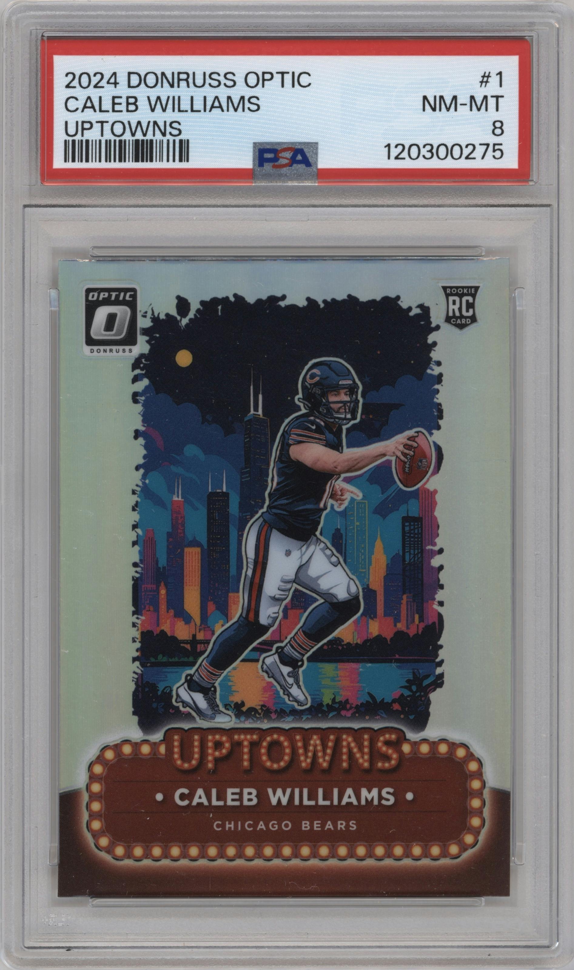 Caleb Williams from the 2024 Donruss Optic set graded by PSA and given an overall grade of 8.