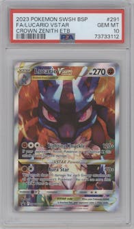 Lucario VStar from the 2023 Pokemon SWSH set featuring a Crown Zenith ETB parallel graded by PSA and given an overall grade of 10.