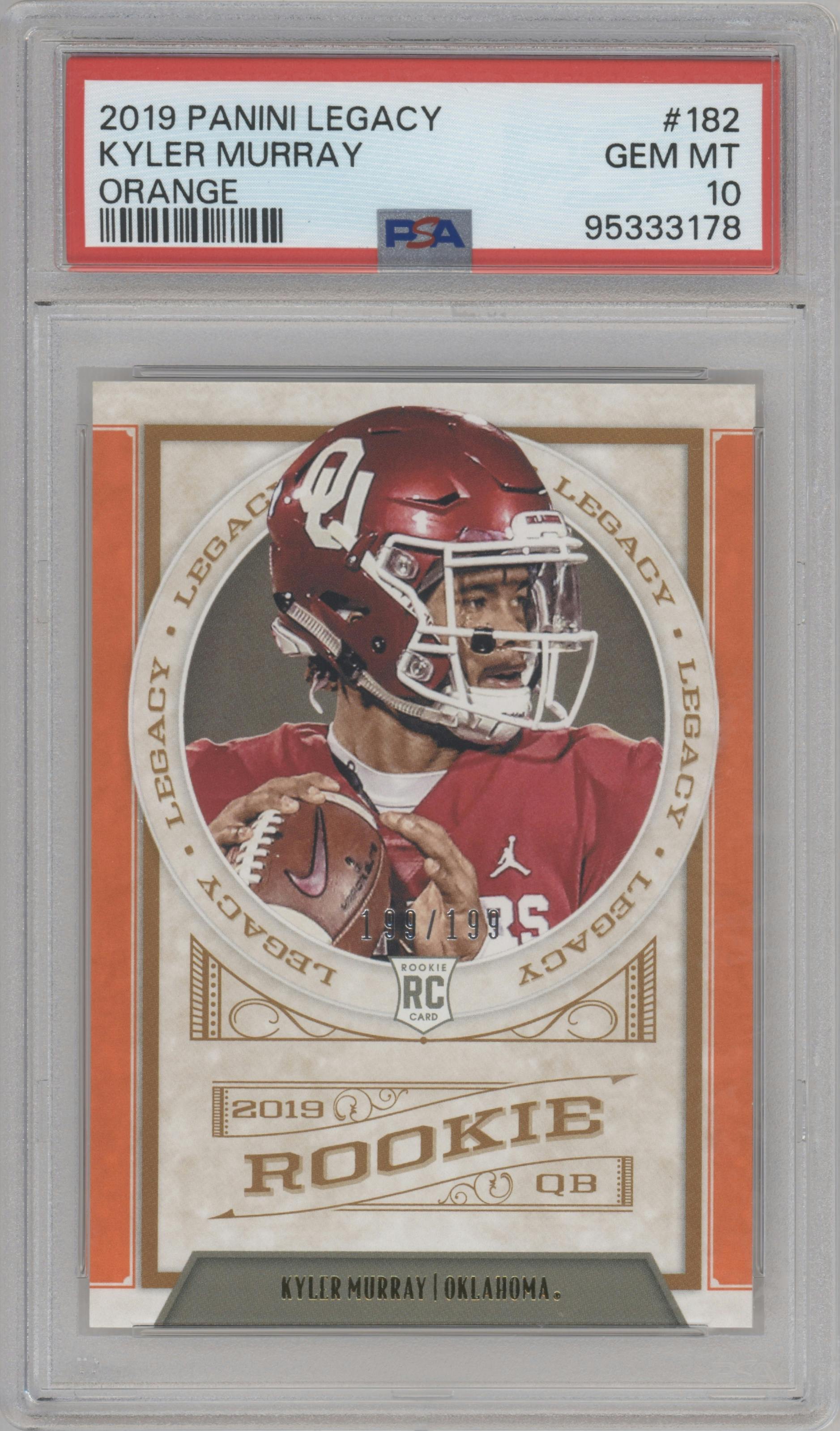 Kyler Murray from the 2019 Panini Legacy set featuring a Orange parallel graded by PSA and given an overall grade of 10.