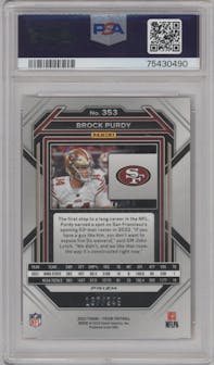 Brock Purdy from the 2022 Panini Prizm set featuring a Orange Prizm parallel graded by PSA and given an overall grade of 9.