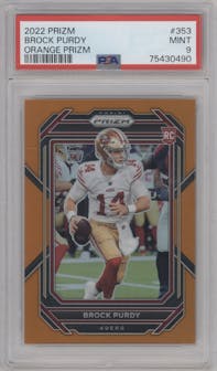Brock Purdy from the 2022 Panini Prizm set featuring a Orange Prizm parallel graded by PSA and given an overall grade of 9.