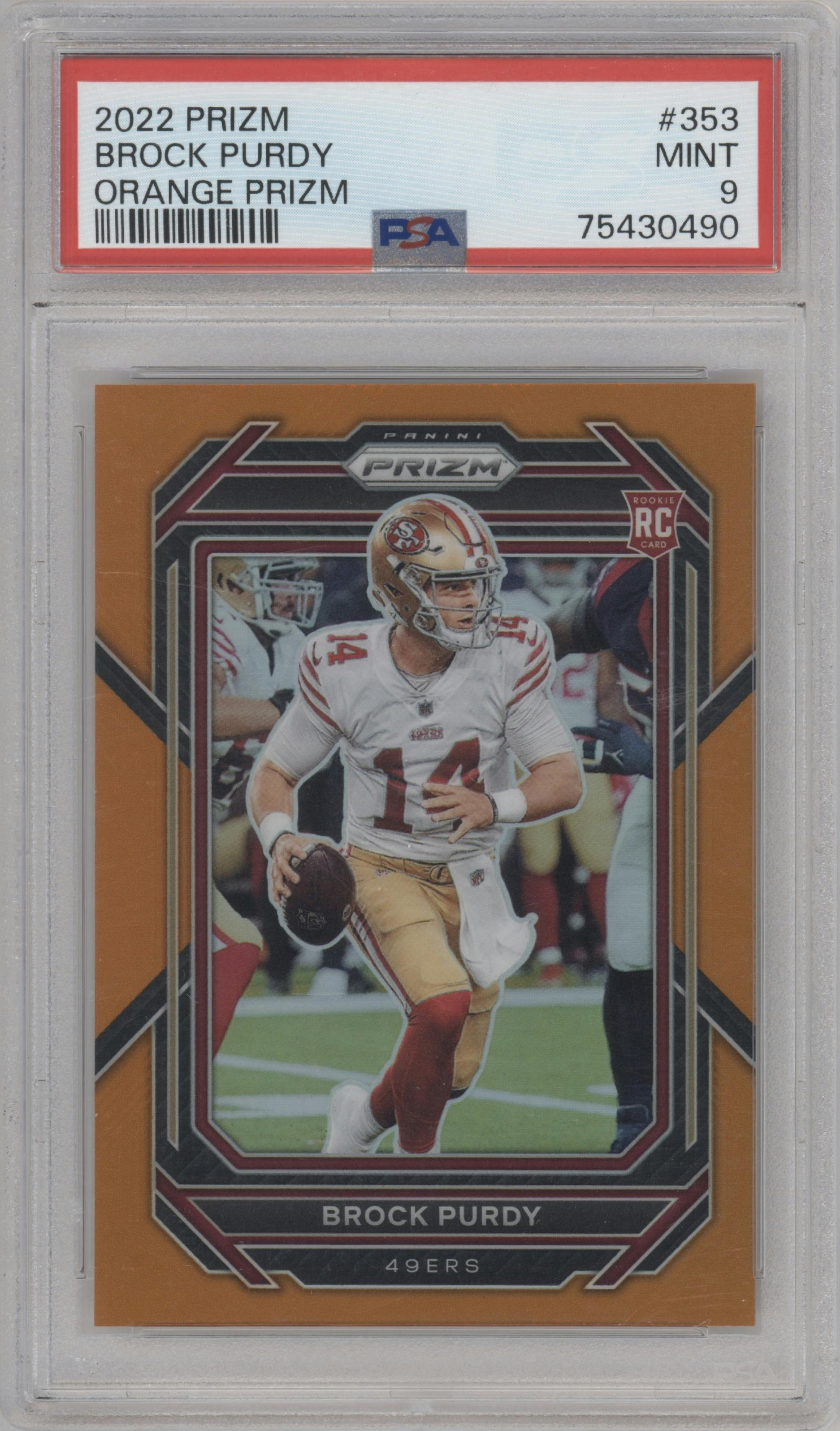 Brock Purdy from the 2022 Panini Prizm set featuring a Orange Prizm parallel graded by PSA and given an overall grade of 9.