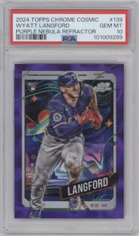 Wyatt Langford from the 2024 Topps Cosmic Chrome set featuring a Purple Nebula Refractor parallel graded by PSA and given an overall grade of 10.