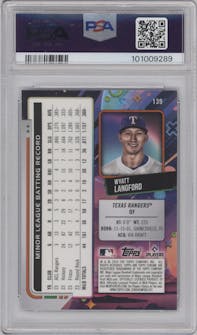 Wyatt Langford from the 2024 Topps Cosmic Chrome set featuring a Purple Nebula Refractor parallel graded by PSA and given an overall grade of 10.