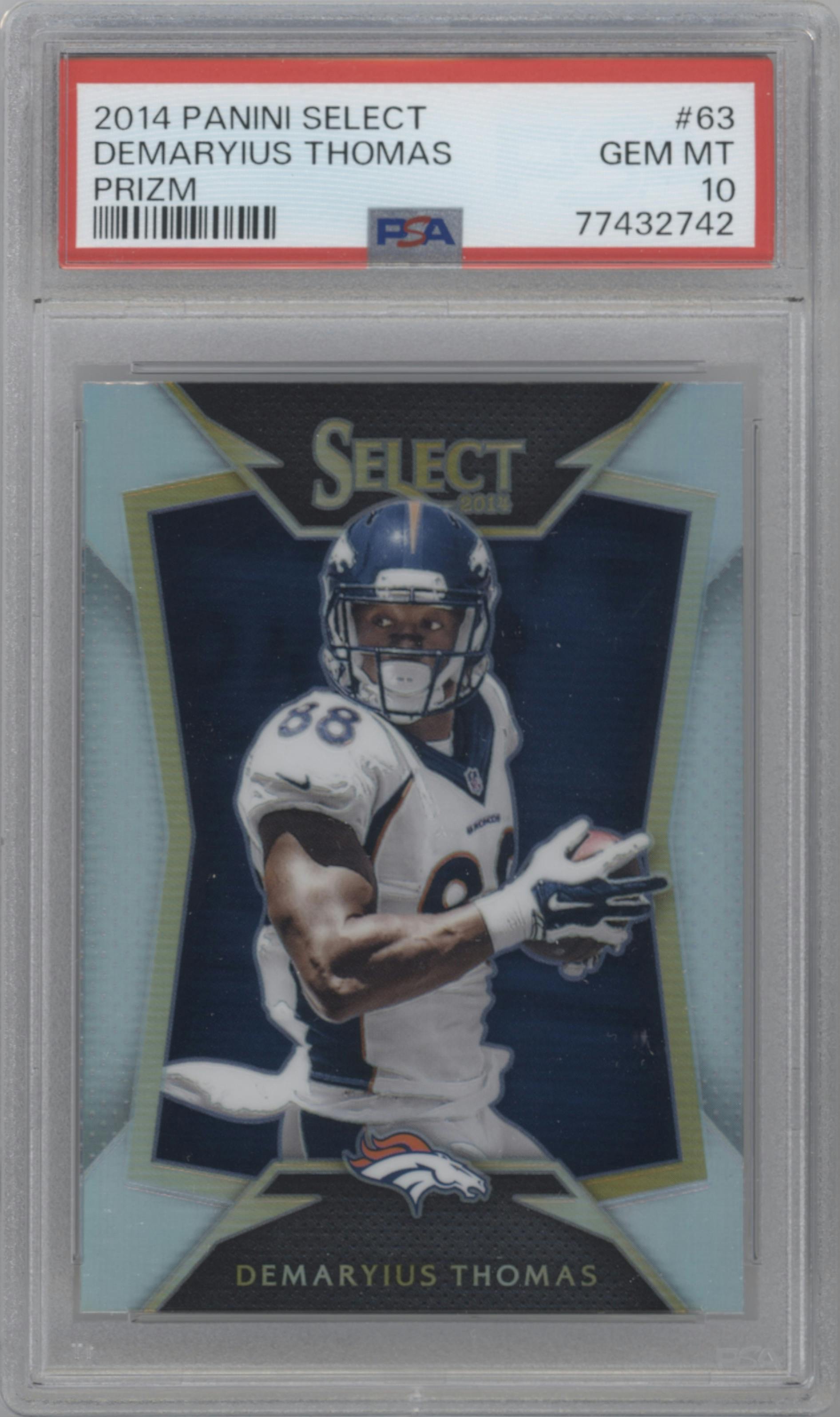 Demaryius Thomas from the 2014 Panini Select set featuring a Prizm parallel graded by PSA and given an overall grade of 10.