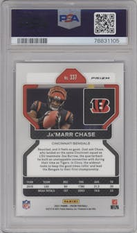 Ja'Marr Chase from the 2021 Panini Prizm set featuring a Pink Prizm parallel graded by PSA and given an overall grade of 9.