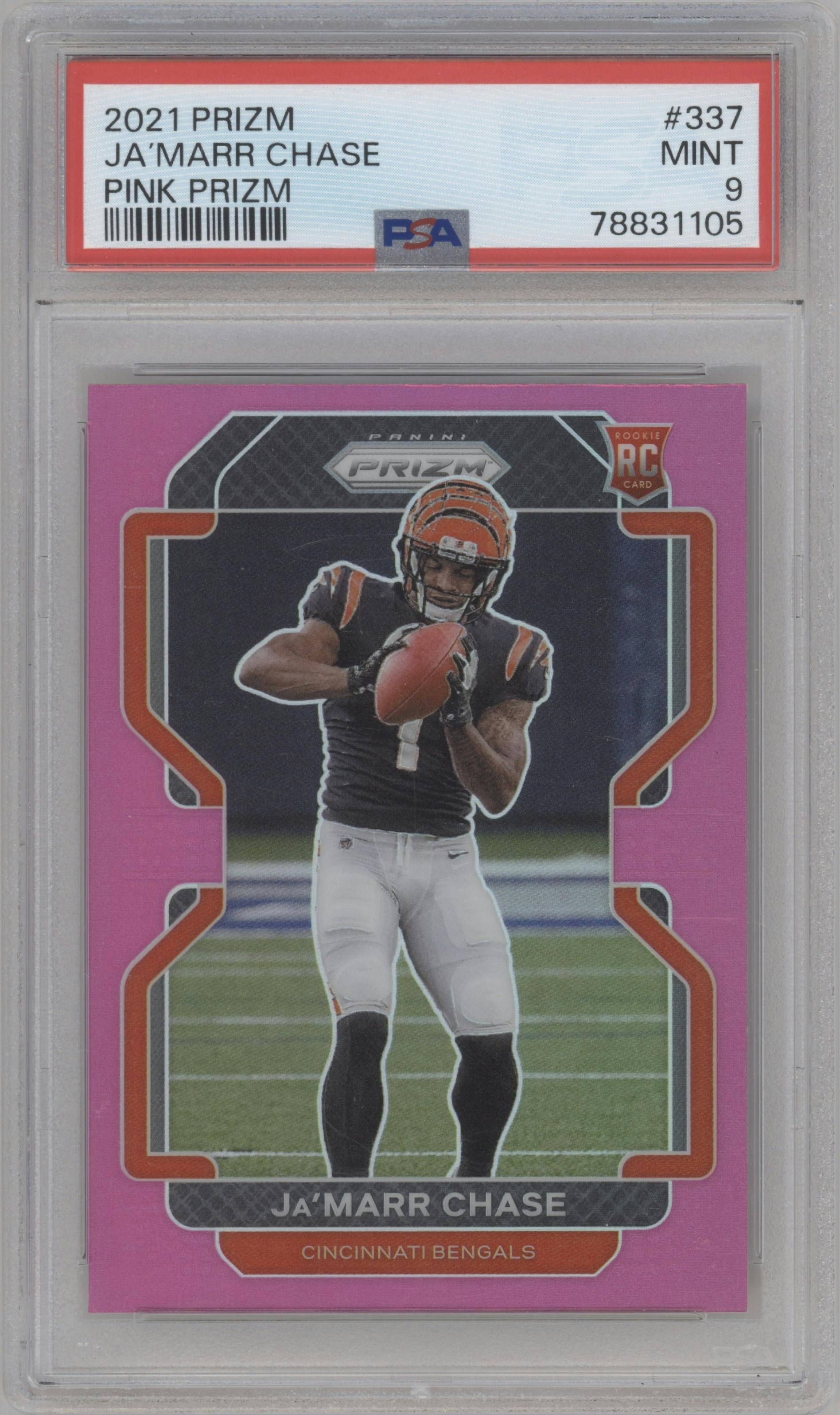 Ja'Marr Chase from the 2021 Panini Prizm set featuring a Pink Prizm parallel graded by PSA and given an overall grade of 9.