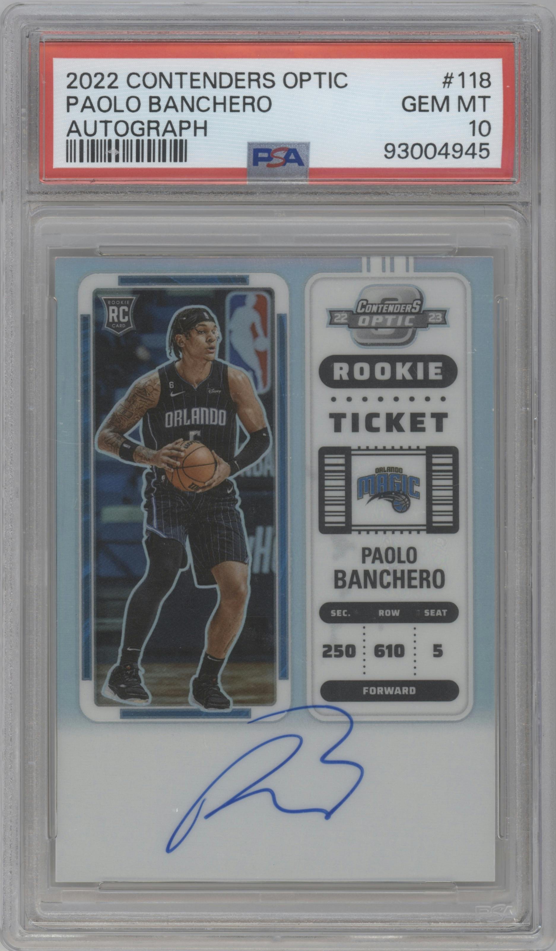 Paolo Banchero from the 2022-23 Panini Contenders Optic set graded by PSA and given an overall grade of 10.