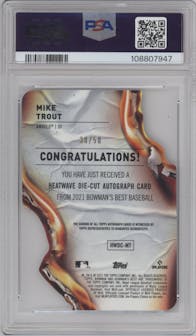 Mike Trout from the 2021 Bowman’s Best set featuring a Lava Refractor  parallel graded by PSA and given an overall grade of 8.
