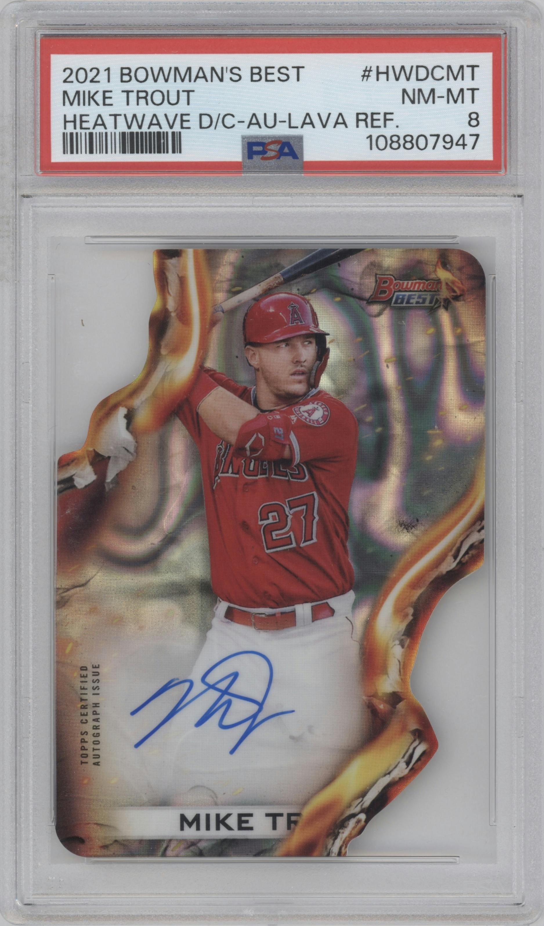 Mike Trout from the 2021 Bowman’s Best set featuring a Lava Refractor  parallel graded by PSA and given an overall grade of 8.