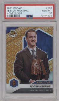 Peyton Manning from the 2021 Panini Mosaic set featuring a Honeycomb parallel graded by PSA and given an overall grade of 10.