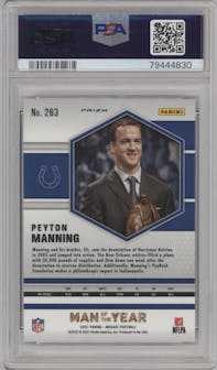 Peyton Manning from the 2021 Panini Mosaic set featuring a Honeycomb parallel graded by PSA and given an overall grade of 10.