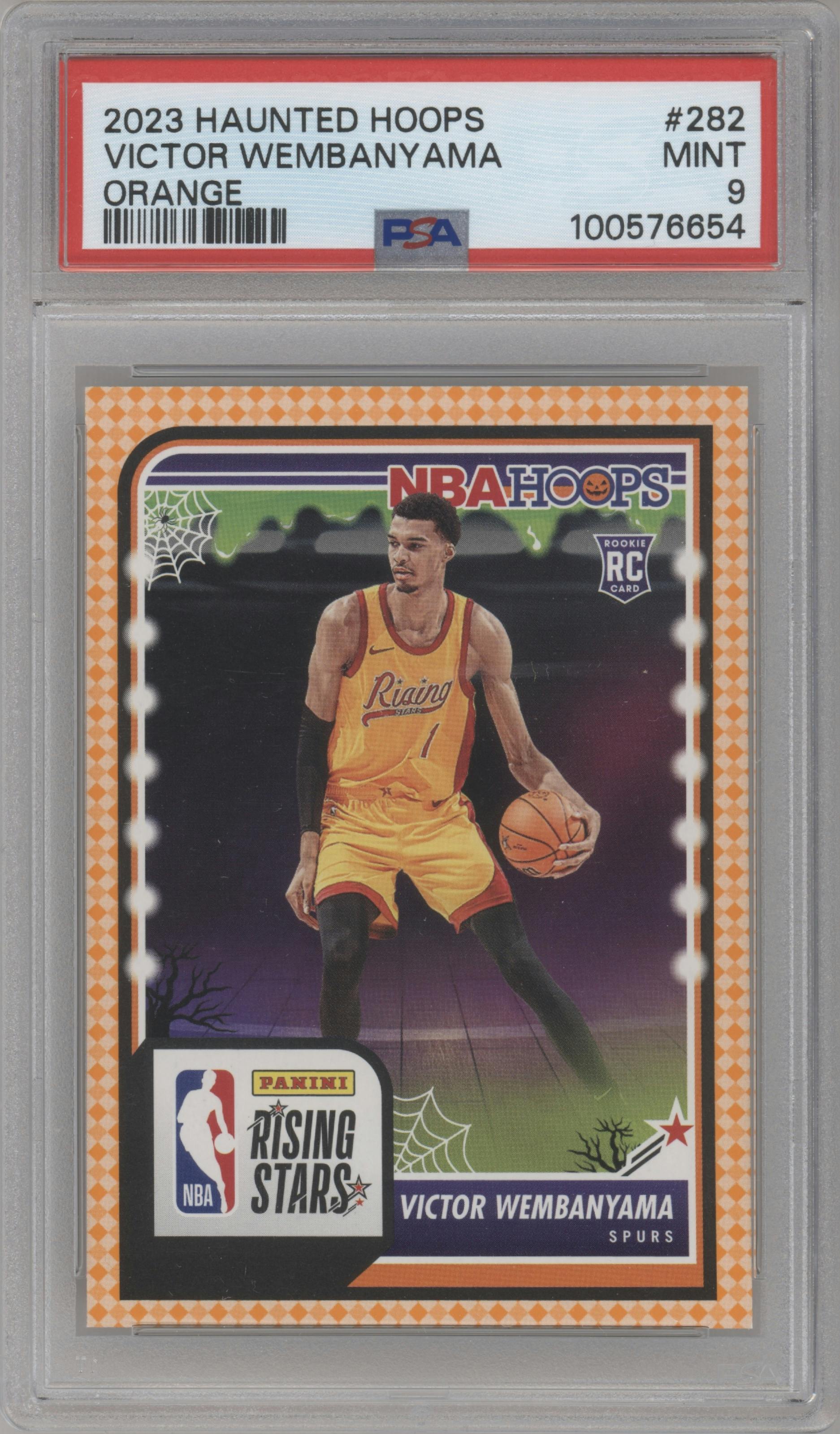 Victor Wembanyama from the 2023-24 Panini Haunted Hoops set featuring a Orange parallel graded by PSA and given an overall grade of 9.