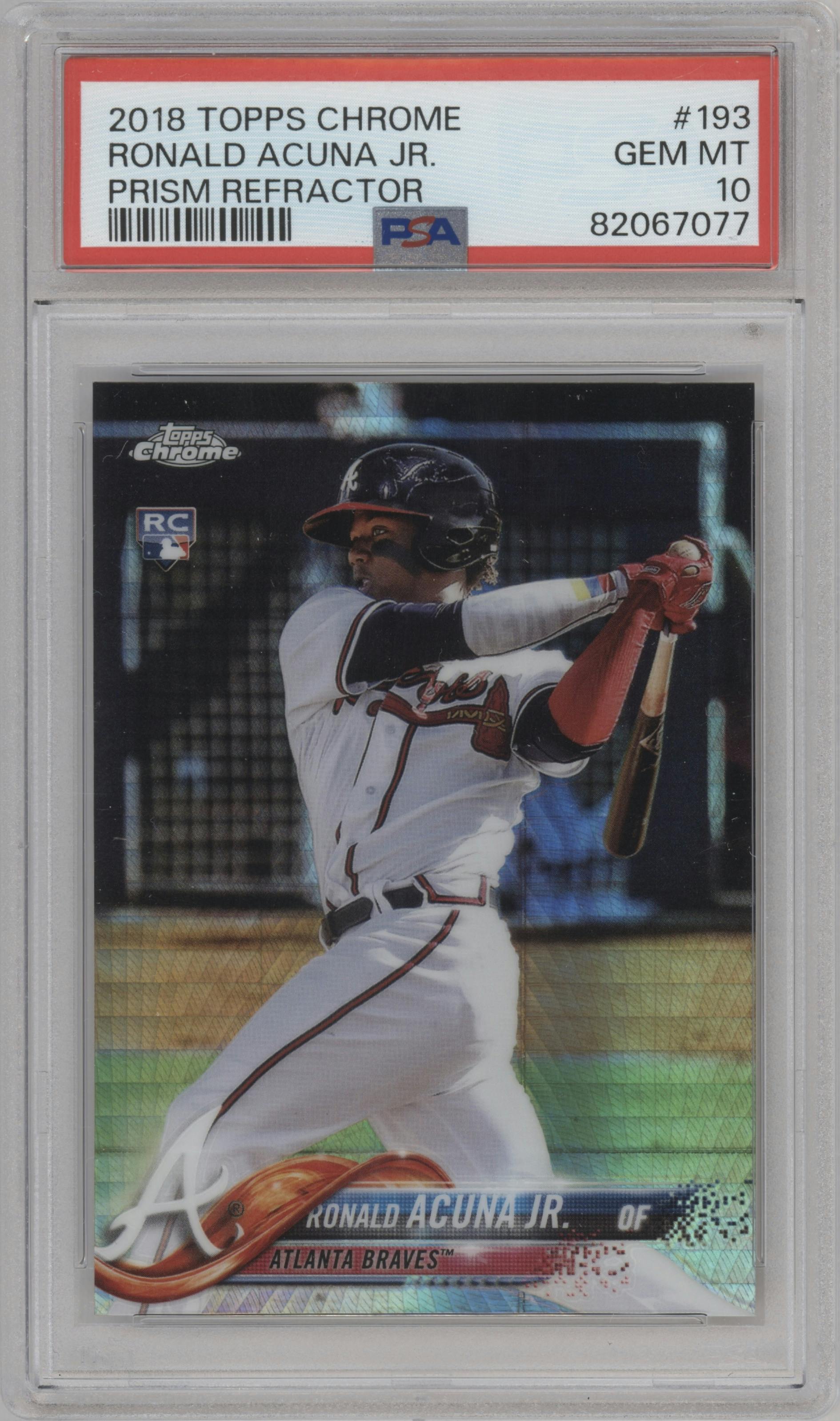 Ronald Acuna Jr. from the 2018 Topps Chrome set featuring a Prism Refractor parallel graded by PSA and given an overall grade of 10.