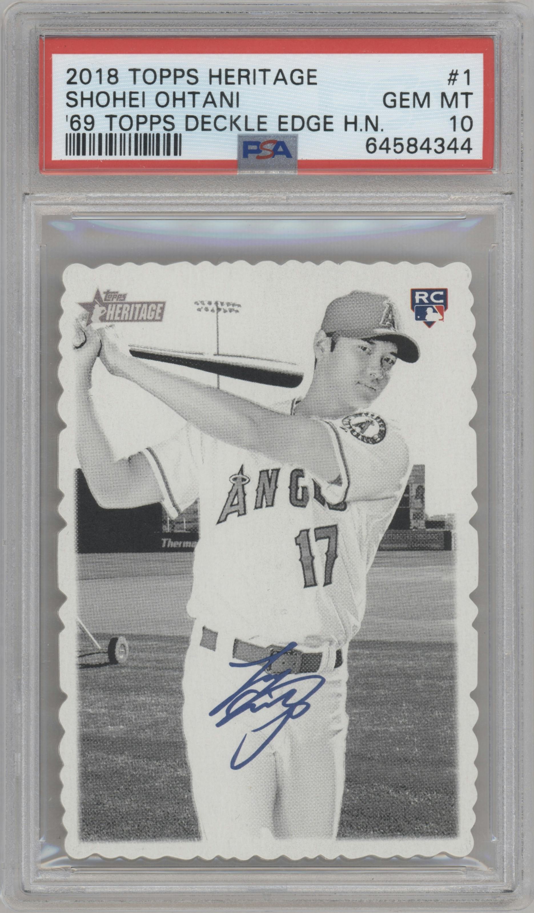 Shohei Ohtani from the 2018 Topps Heritage High Number set graded by PSA and given an overall grade of 10.