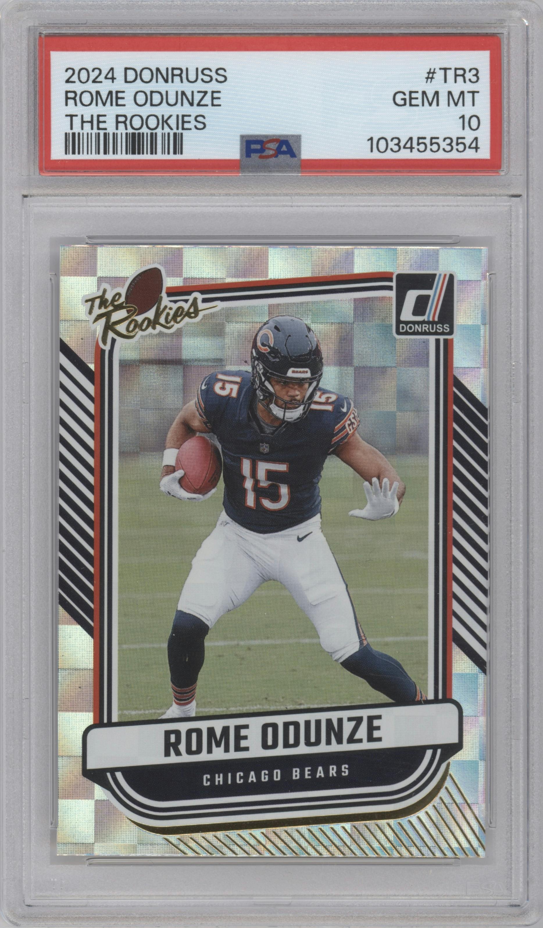 Rome Odunze  from the 2024 Donruss set graded by PSA and given an overall grade of 10.
