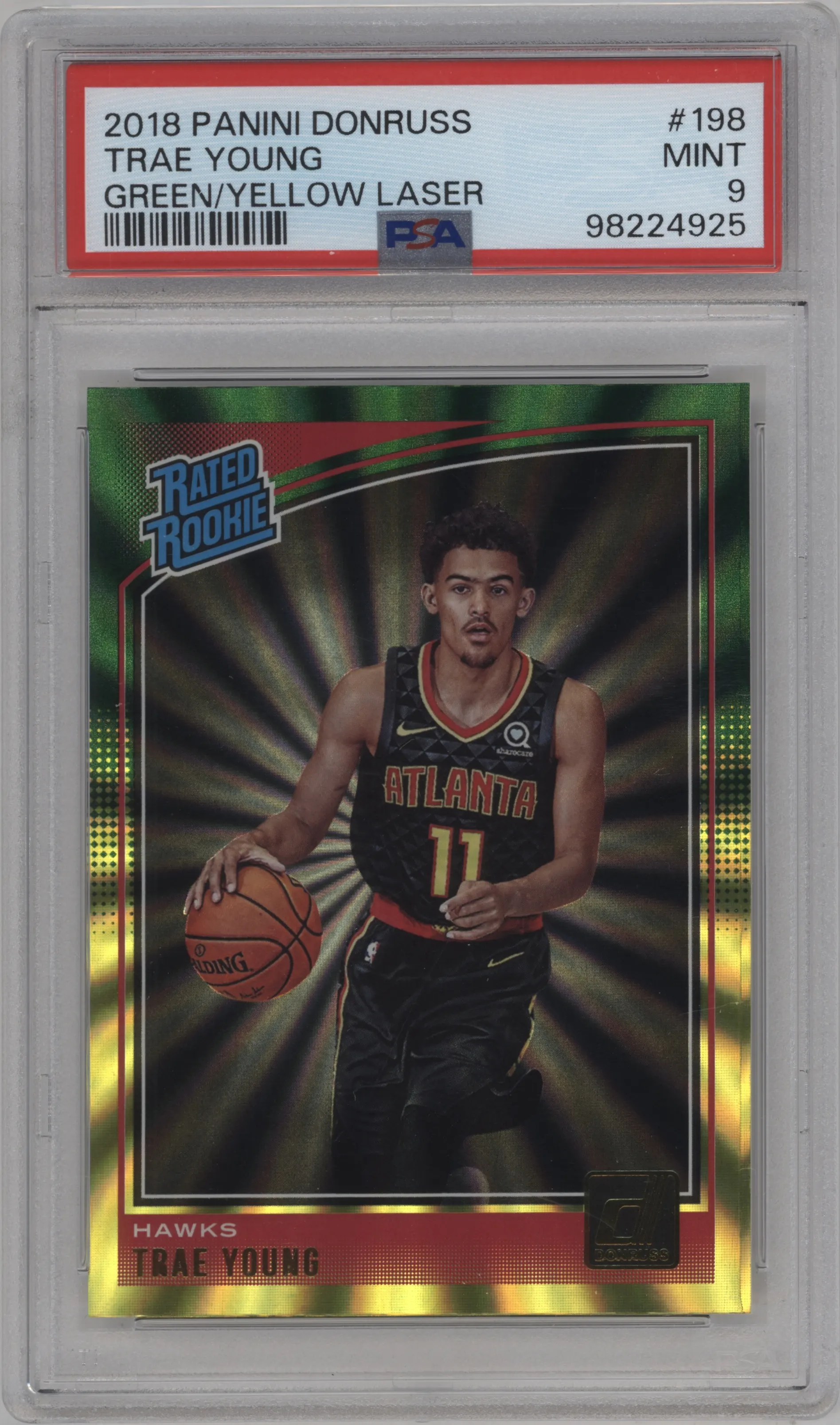 2018 Panini Donruss Rated Rookie Trae Young Green/Yellow Laser #198 PSA 9