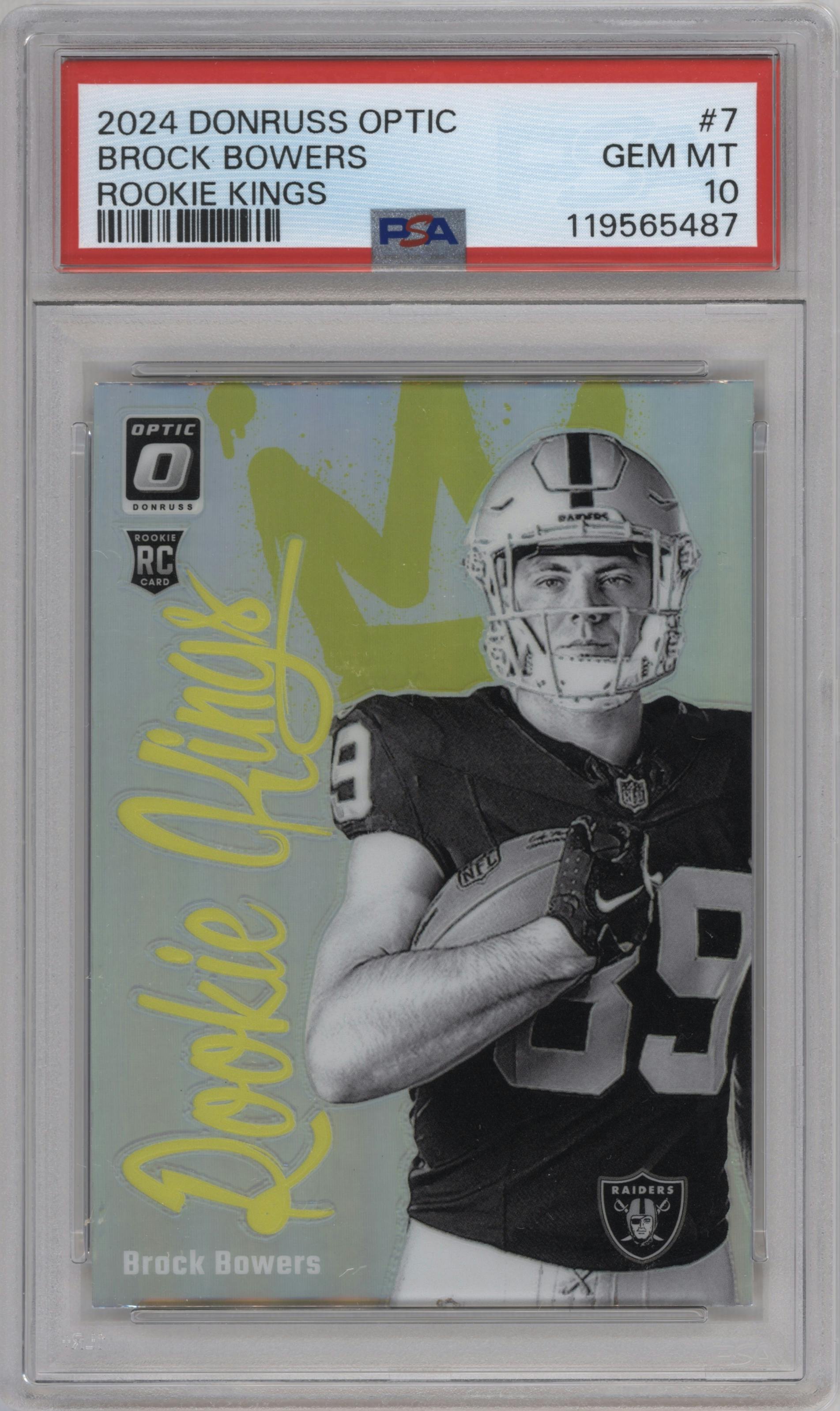 Brock Bowers from the 2024 Donruss Optic set graded by PSA and given an overall grade of 10.