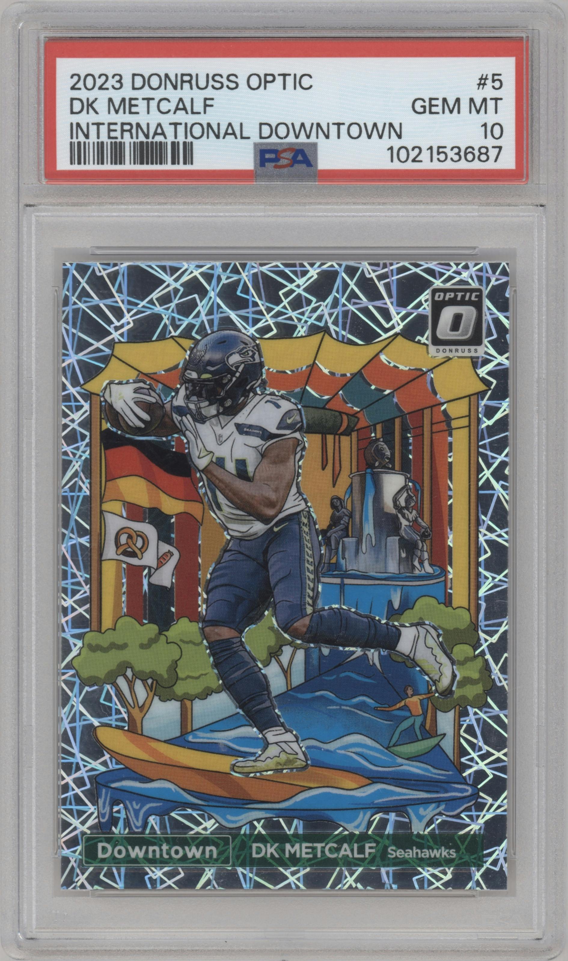 DK Metcalf from the 2023 Donruss Optic set graded by PSA and given an overall grade of 10.