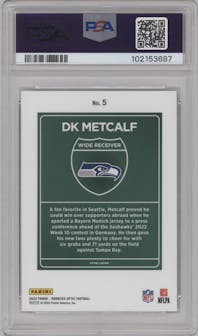 DK Metcalf from the 2023 Donruss Optic set graded by PSA and given an overall grade of 10.