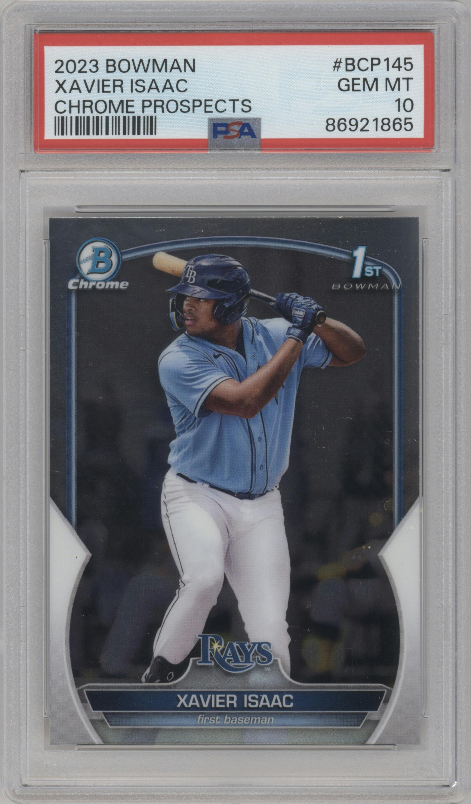 Xavier Isaac from the 2023 Bowman  set graded by PSA and given an overall grade of 10.