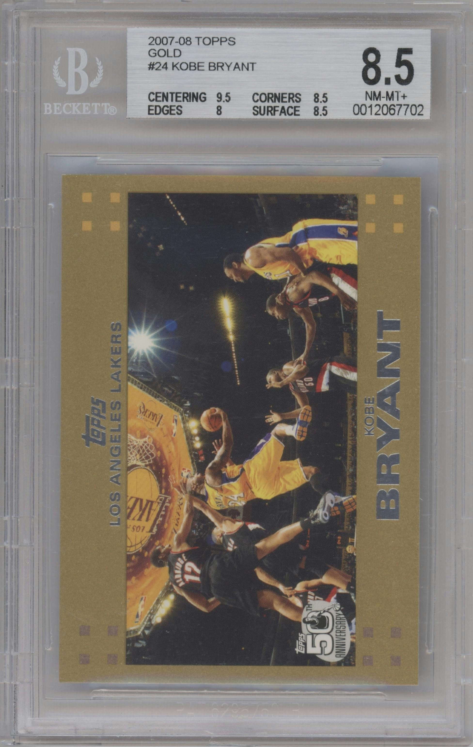 Kobe Bryant from the 2007-08 Topps set featuring a Gold parallel graded by Beckett and given an overall grade of 8.5.