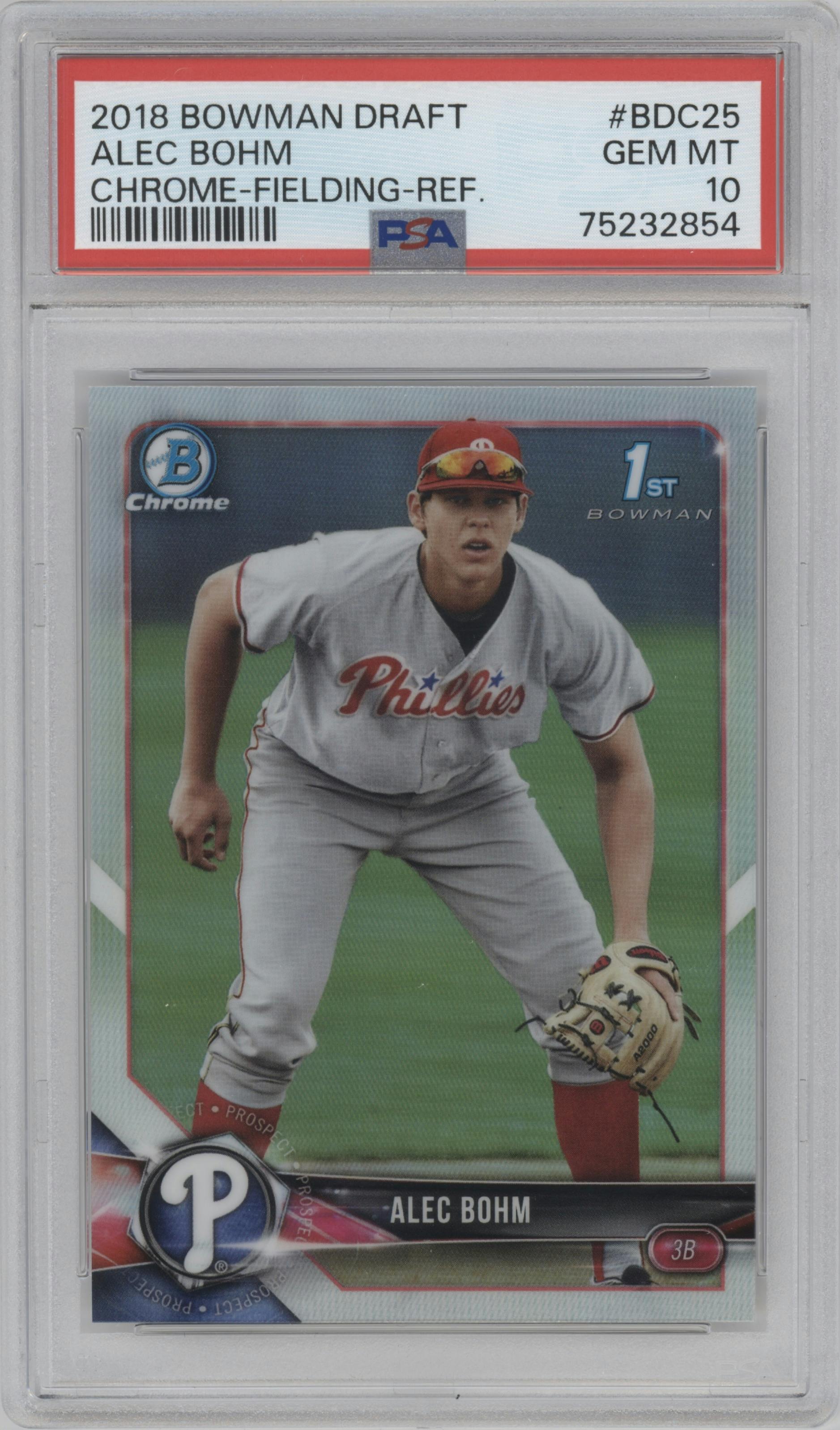 Alec Bohm from the 2018 Bowman Draft set featuring a Refractor  parallel graded by PSA and given an overall grade of 10.