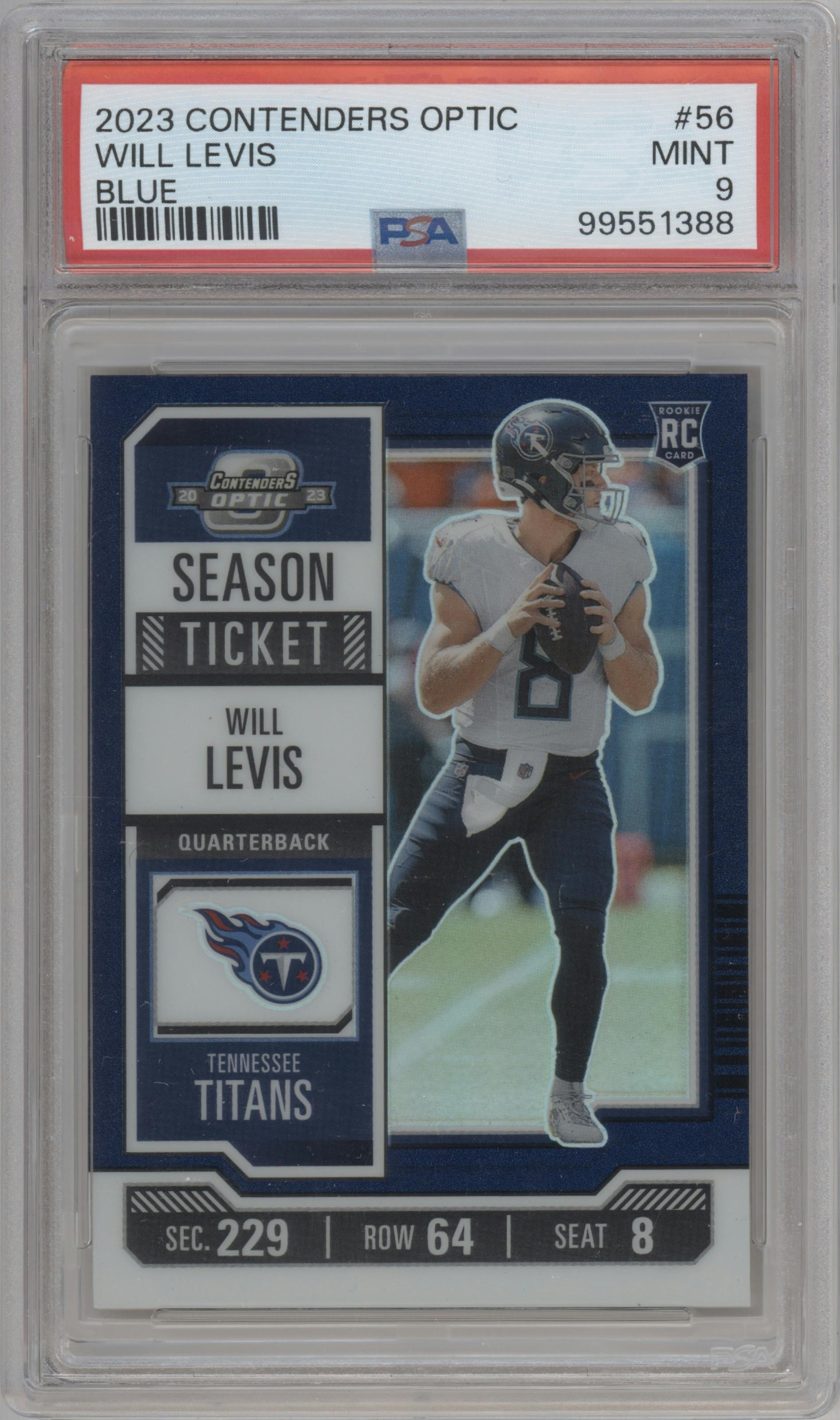 Will Levis from the 2023 Panini Contenders Optic set featuring a Blue parallel graded by PSA and given an overall grade of 9.