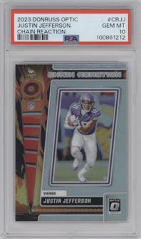 Justin Jefferson from the 2023 Donruss Optic set graded by PSA and given an overall grade of 10.
