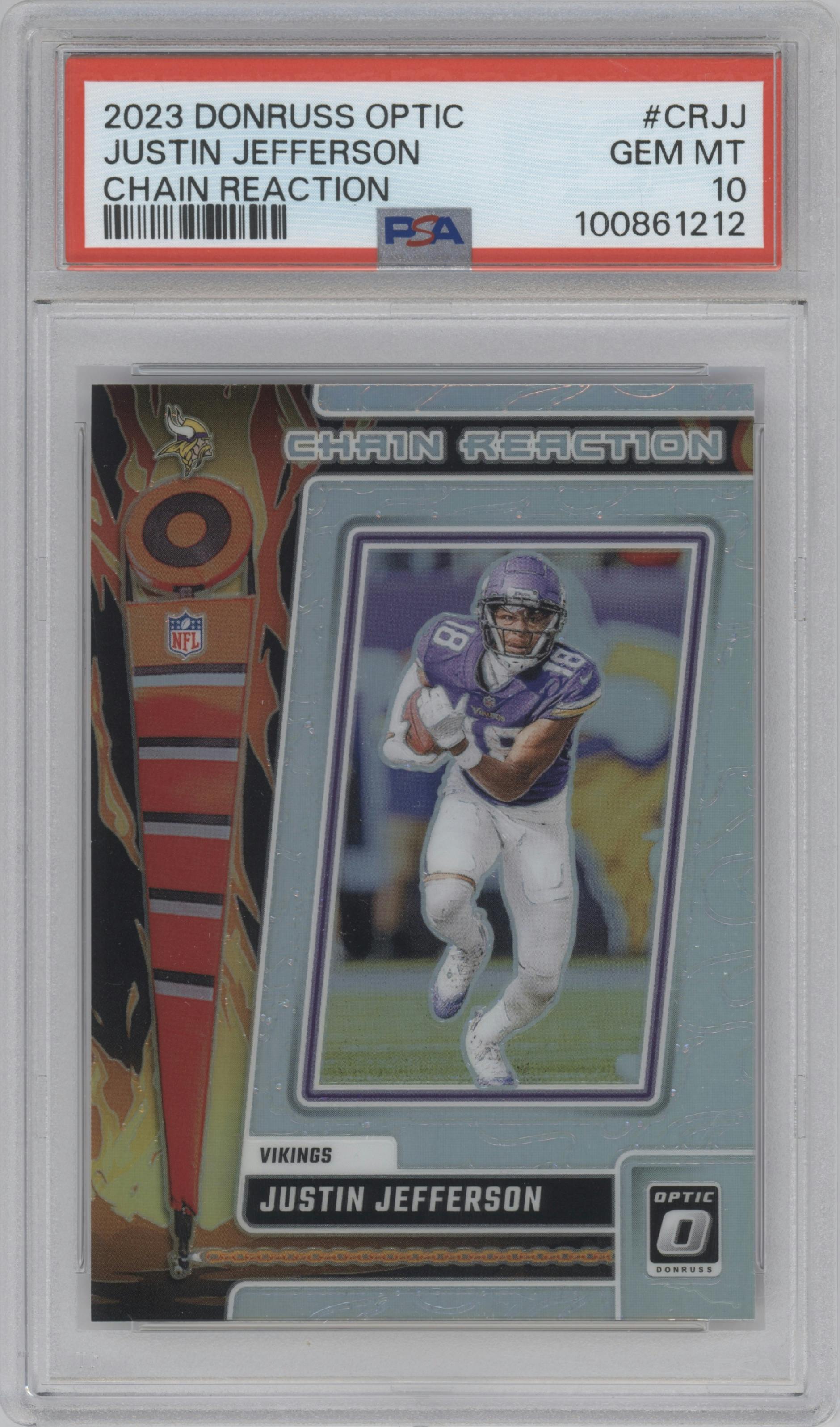 Justin Jefferson from the 2023 Donruss Optic set graded by PSA and given an overall grade of 10.