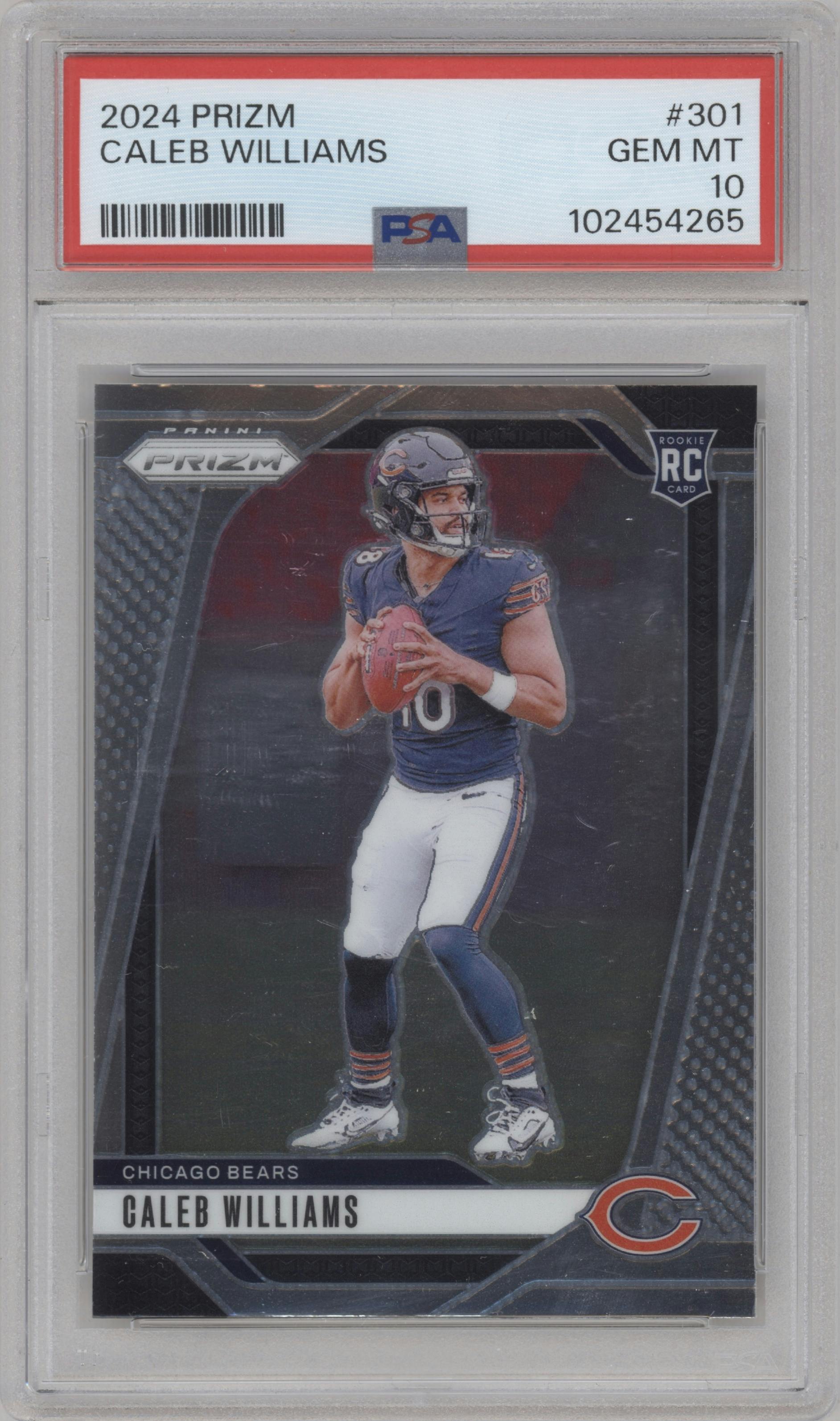 Caleb Williams from the 2024 Panini Prizm set graded by PSA and given an overall grade of 10.