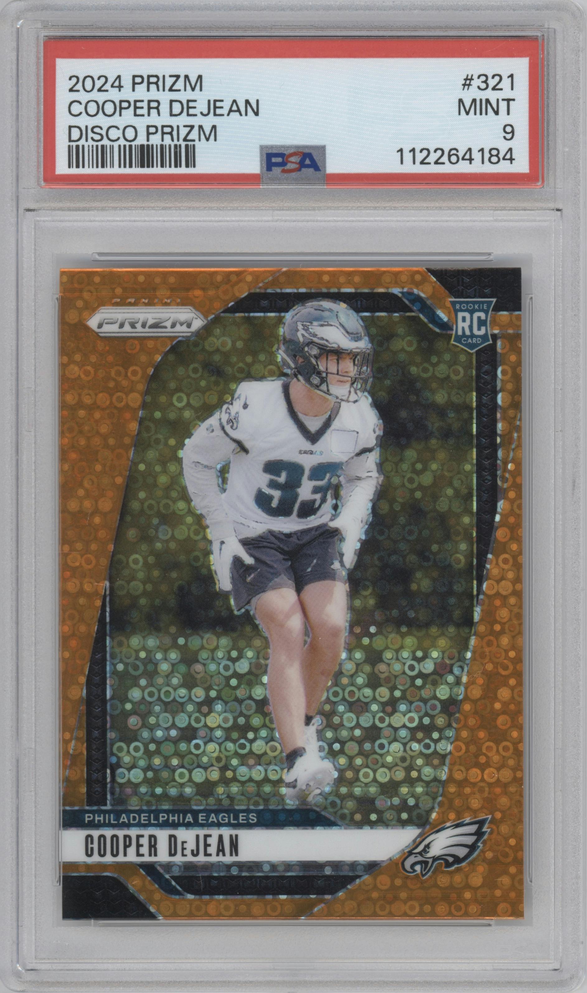 Cooper DeJean from the 2024 Panini Prizm set featuring a Disco parallel graded by PSA and given an overall grade of 9.