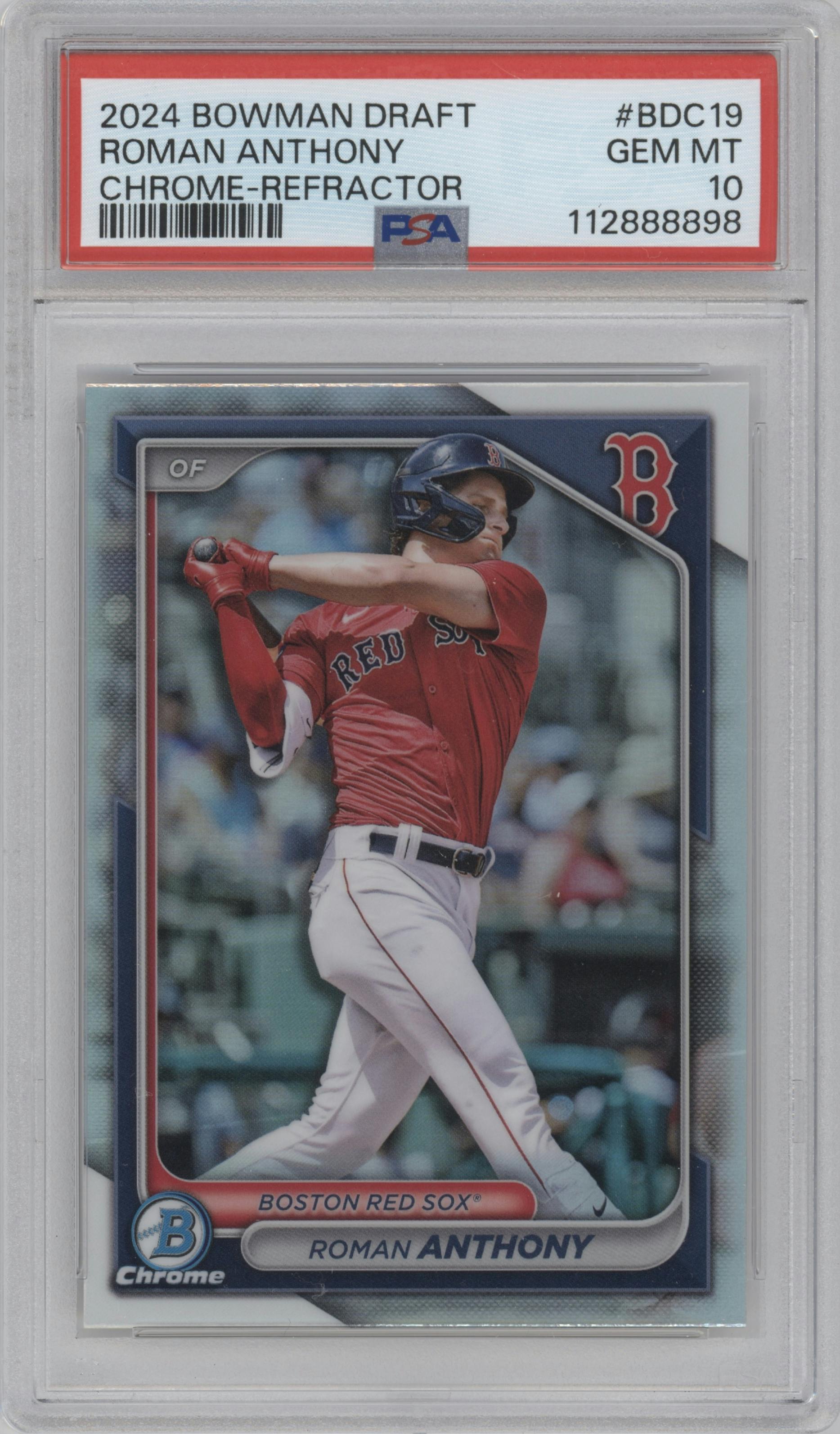 Roman Anthony from the 2024 Bowman Draft set featuring a Refractor parallel graded by PSA and given an overall grade of 10.