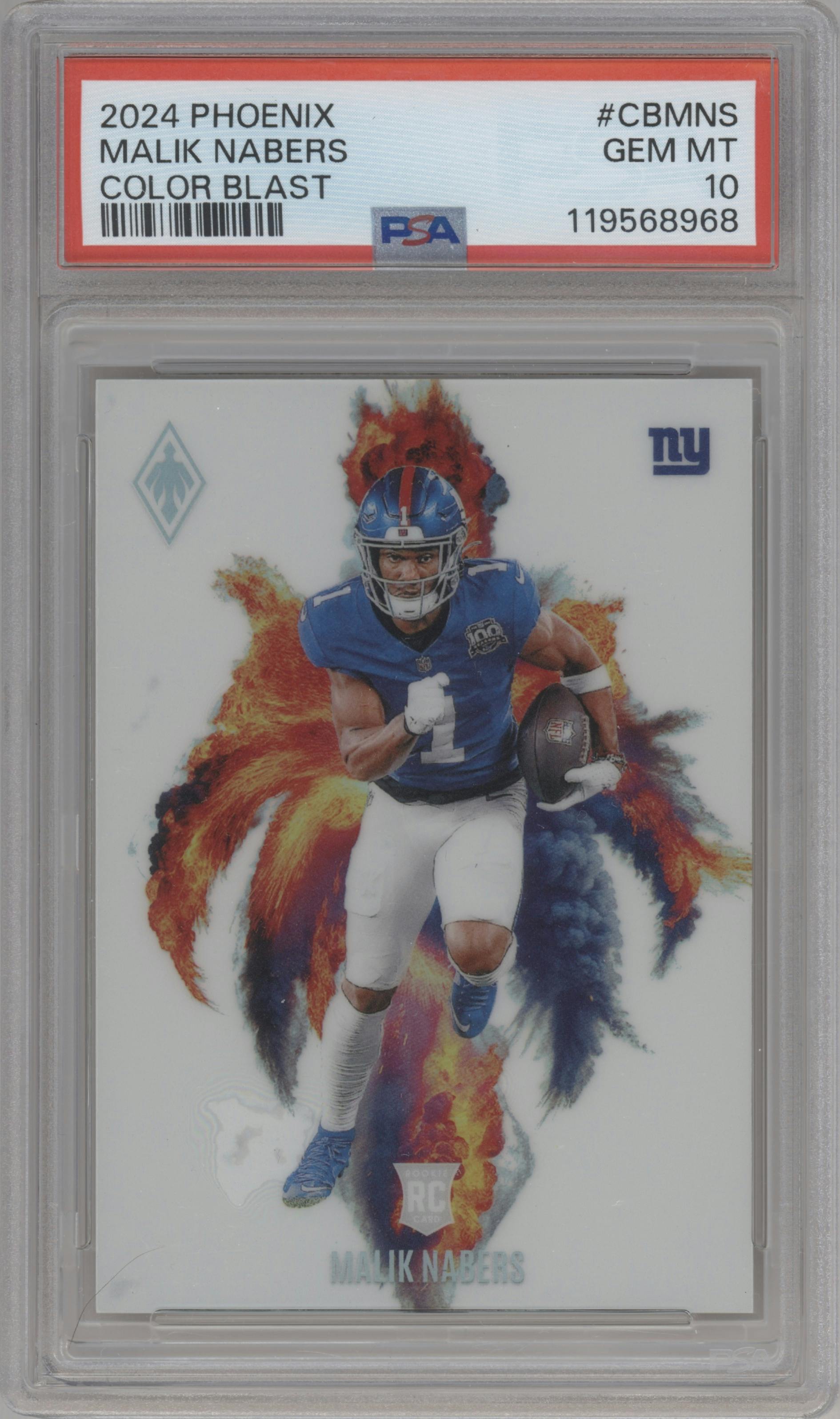 Malik Nabers from the 2024 Panini Phoenix set graded by PSA and given an overall grade of 10.