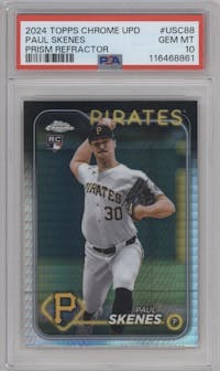 Paul Skenes from the 2024 Topps Chrome Update set featuring a Prism Refractor parallel graded by PSA and given an overall grade of 10.