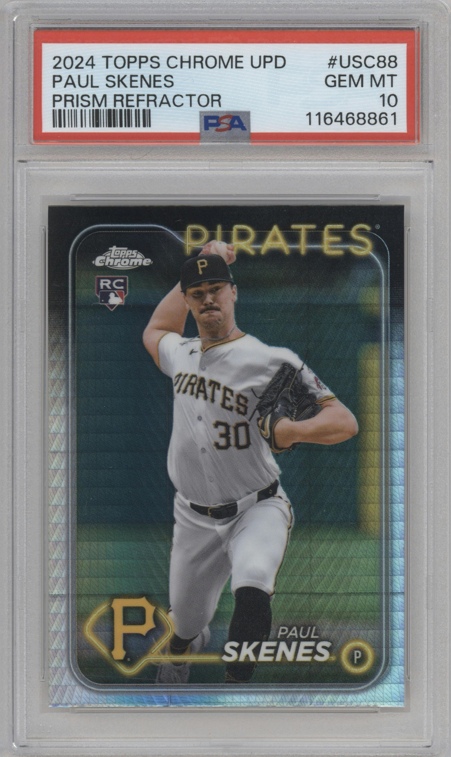 Paul Skenes from the 2024 Topps Chrome Update set featuring a Prism Refractor parallel graded by PSA and given an overall grade of 10.