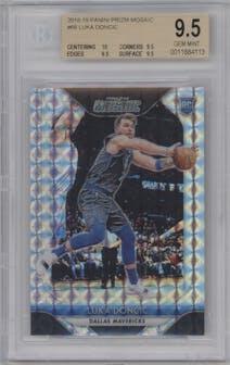 Luka Doncic from the 2018-19 Panini Prizm Mosaic set graded by Beckett and given an overall grade of 9.5.