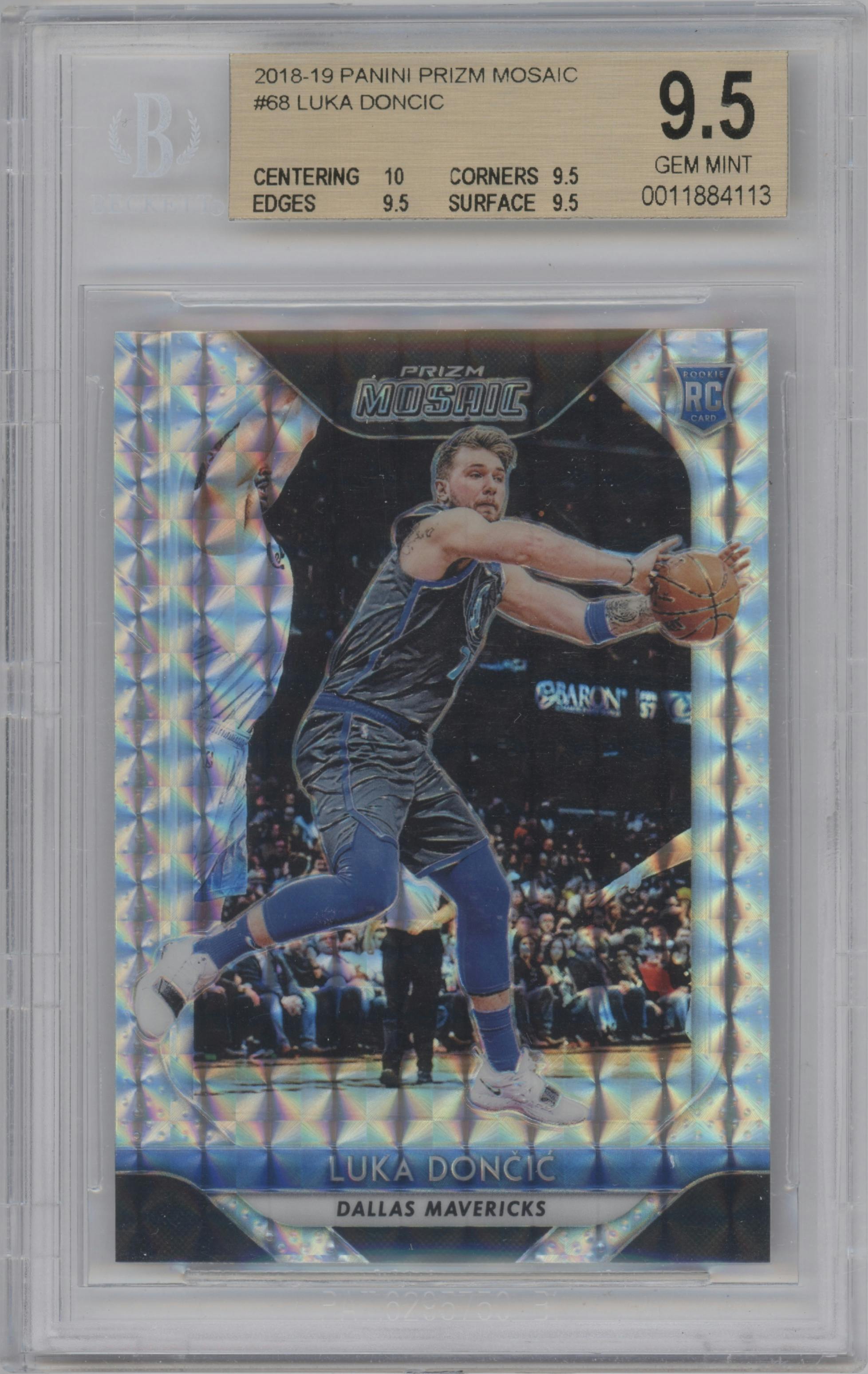 Luka Doncic from the 2018-19 Panini Prizm Mosaic set graded by Beckett and given an overall grade of 9.5.