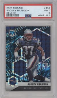 Rodney Harrison from the 2021 Panini Mosaic set featuring a Genesis parallel graded by PSA and given an overall grade of 9.