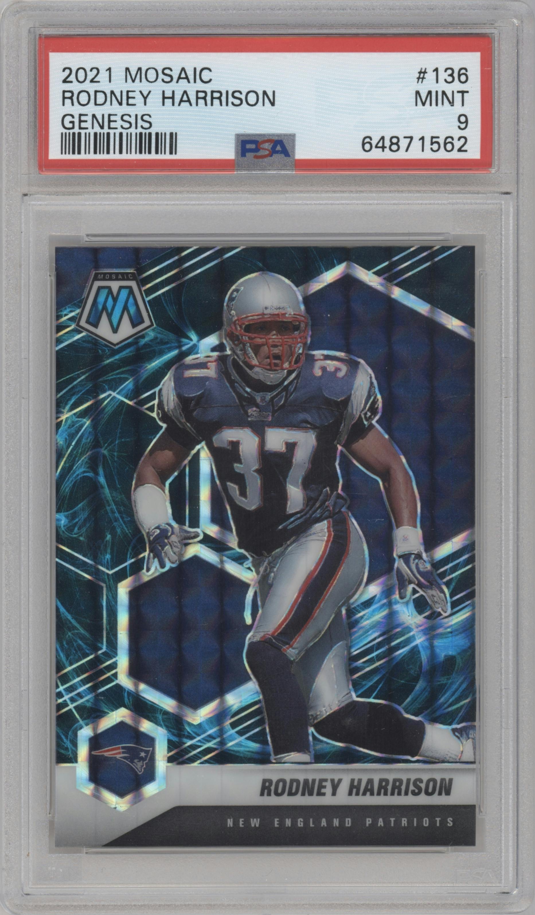 Rodney Harrison from the 2021 Panini Mosaic set featuring a Genesis parallel graded by PSA and given an overall grade of 9.
