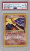 Moltres from the 2000 Pokemon set featuring a Aoki Error parallel graded by PSA and given an overall grade of 10.