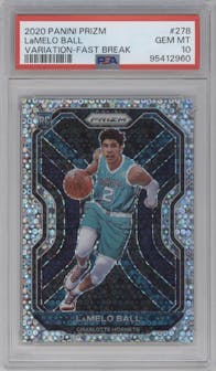 LaMelo Ball from the 2020-21 Panini Prizm set featuring a Fast Break parallel graded by PSA and given an overall grade of 10.