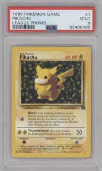 Pikachu from the 1999 Pokemon set featuring a Pokemon League parallel graded by PSA and given an overall grade of 9.
