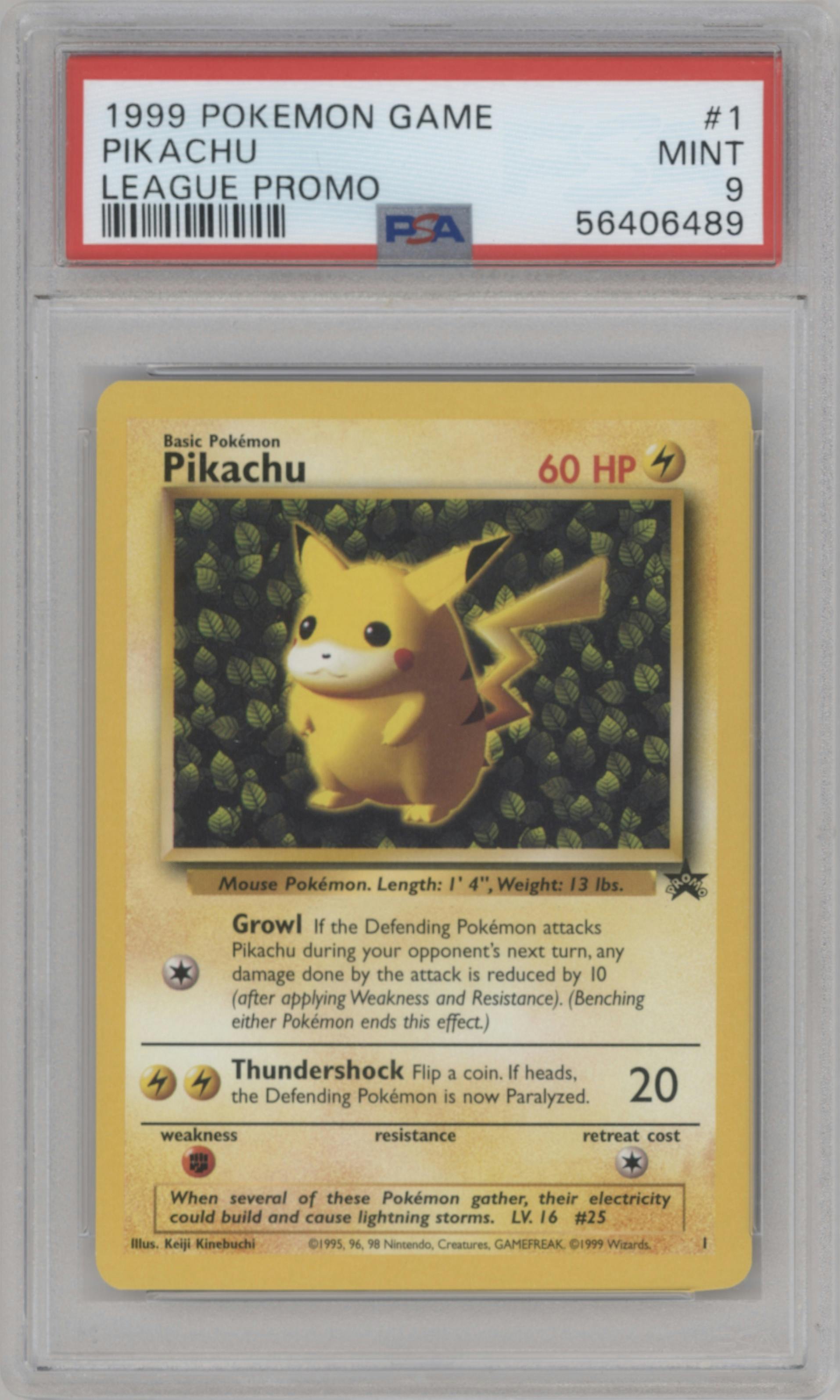 Pikachu from the 1999 Pokemon set featuring a Pokemon League parallel graded by PSA and given an overall grade of 9.
