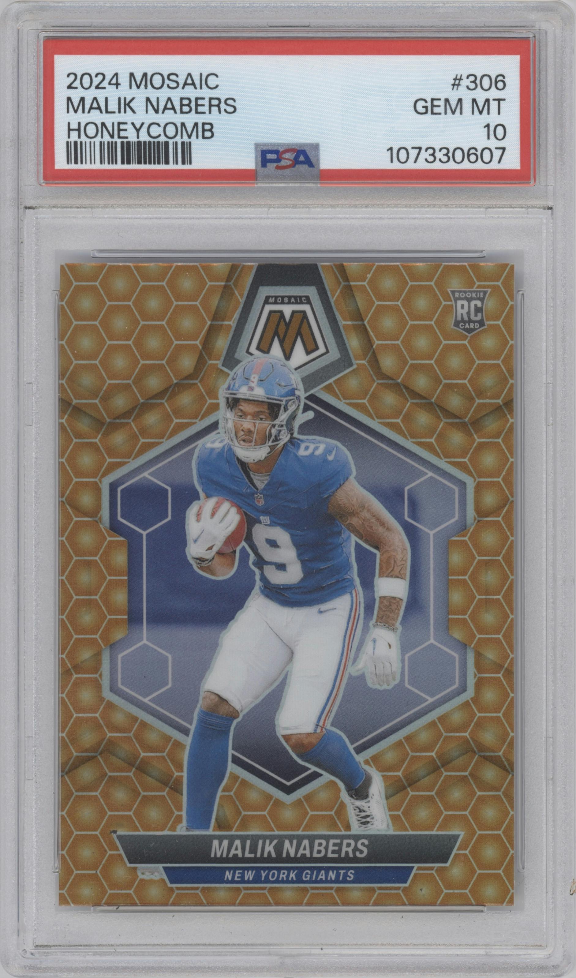 Malik Nabers from the 2024 Panini Mosaic set featuring a Honeycomb parallel graded by PSA and given an overall grade of 10.