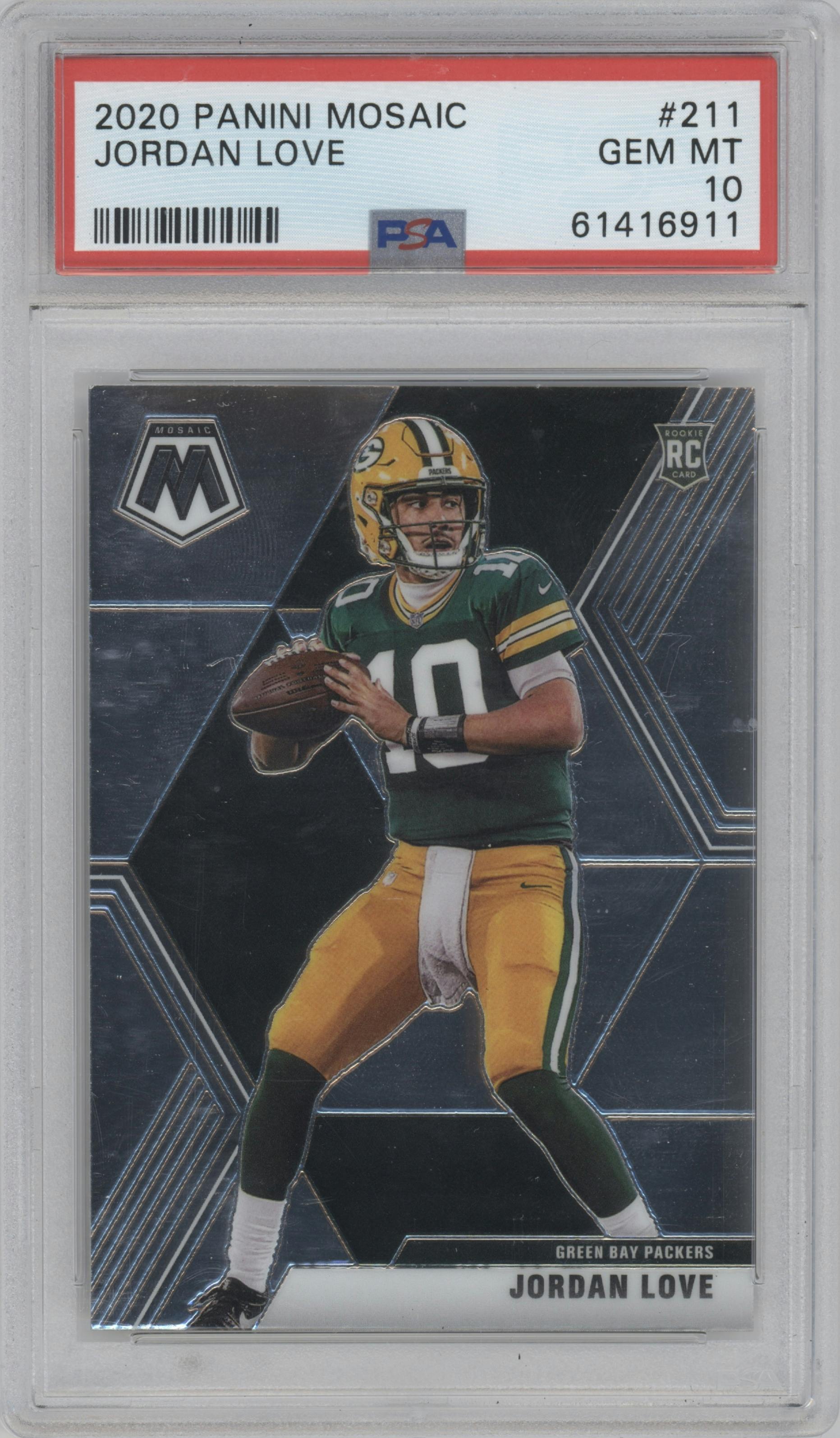Jordan Love from the 2020 Panini Mosaic set graded by PSA and given an overall grade of 10.