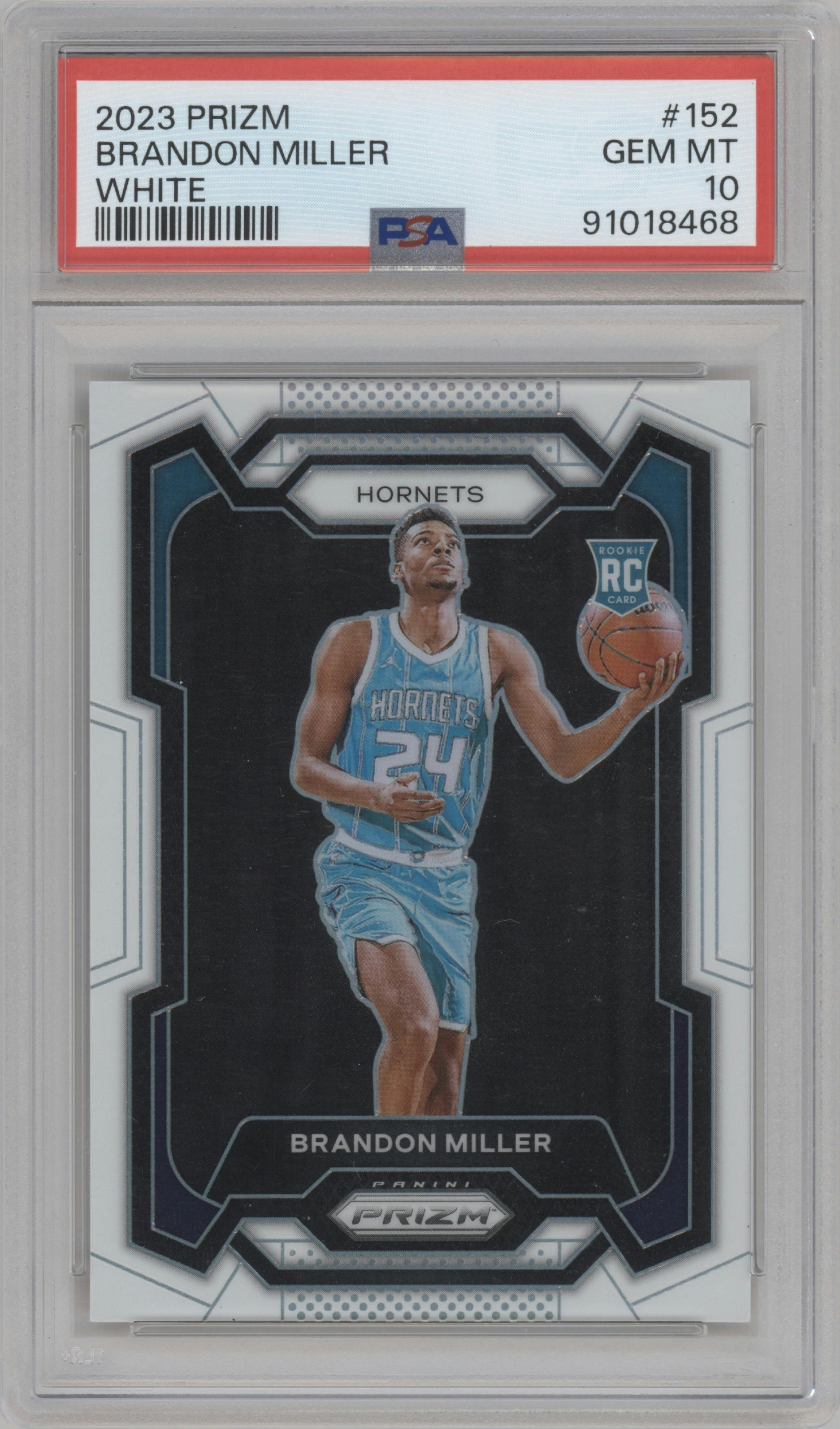 Brandon Miller from the 2023-24 Panini Prizm set featuring a White Prizm parallel graded by PSA and given an overall grade of 10.