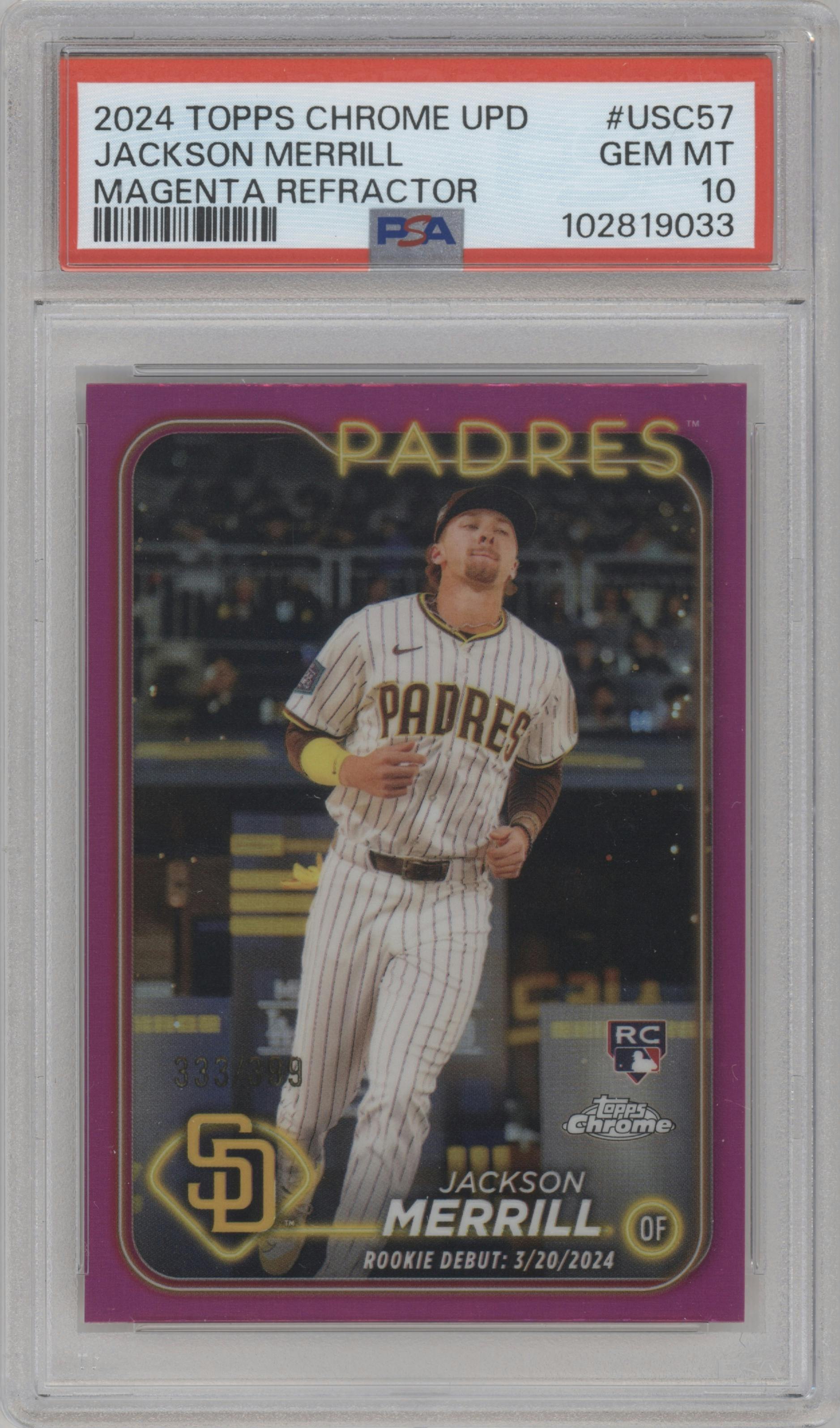 Jackson Merrill from the 2024 Topps Chrome Update set featuring a Magenta Refractor parallel graded by PSA and given an overall grade of 10.