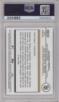 Jackson Merrill from the 2024 Topps Chrome Update set featuring a Magenta Refractor parallel graded by PSA and given an overall grade of 10.