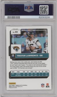 Trevor Lawrence from the 2022 Panini Donruss Optic set featuring a White Sparkle parallel graded by PSA and given an overall grade of 9.